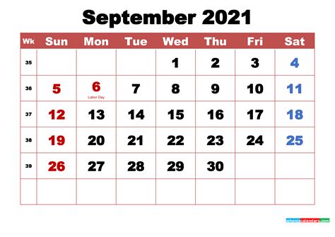 September Printable Calendar 2021